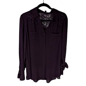 Roz  & Ali blouse dark plum color XL  Tab sleeves Lace yoke 46"bust29.5" length